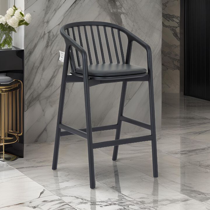 Rchy Barstool Chair, Curved Spindle Back, Black Faux Leather, Oak Wood - Benzara