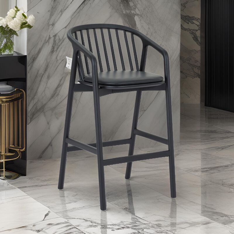 Rchy Barstool Chair, Curved Spindle Back, Black Faux Leather, Oak Wood - Benzara