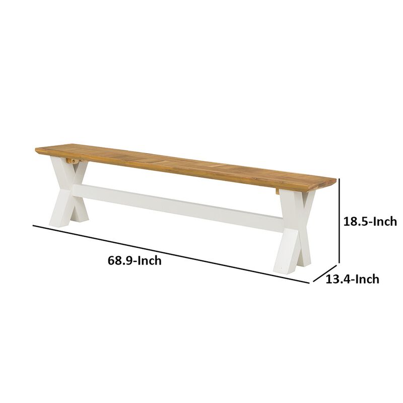 70 Inch Dining Bench, White X Leg Trestle Base, Acacia Wood, Brown Seat - Benzara