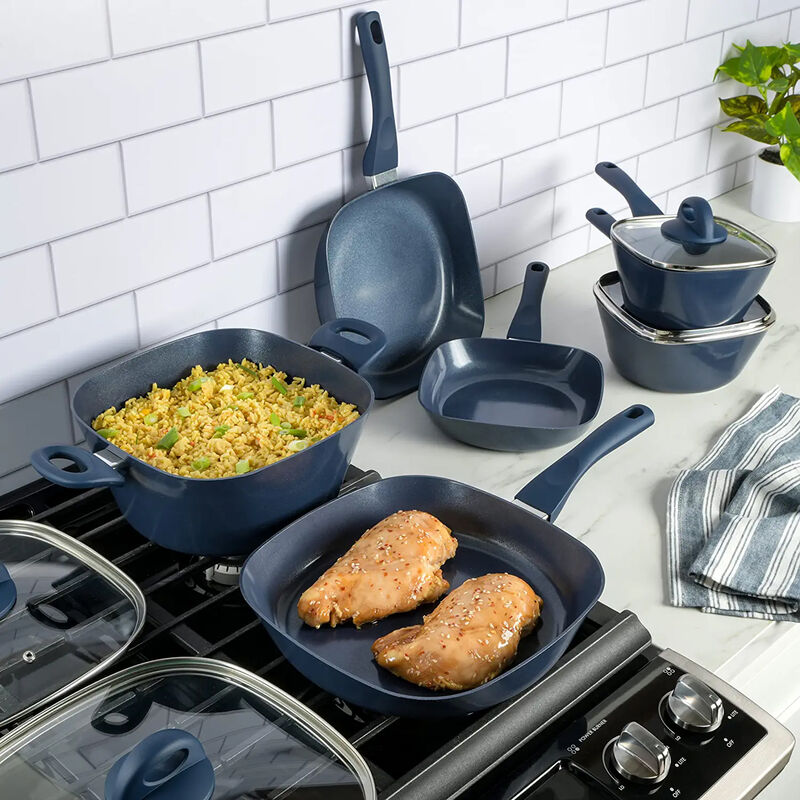 Soho Lounge Diamond 10 Piece Ceramic Nonstick Aluminum Cookware Set in Blue