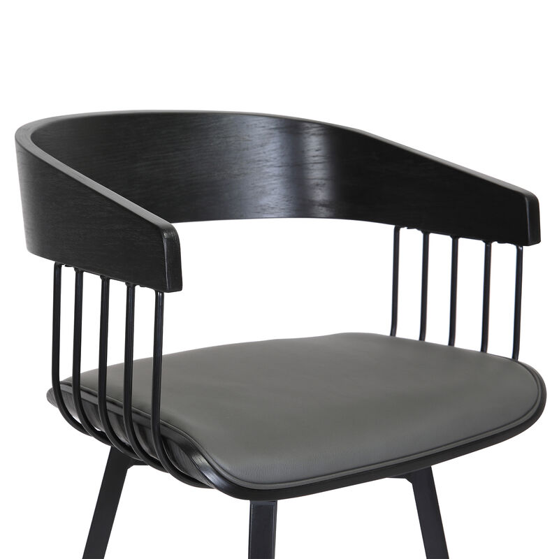 Athena Swivel Black Wood Counter Stool in Grey Faux Leather with Black Metal