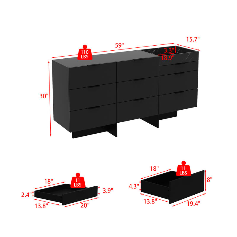 FUFU&GAGA Modern 9-Drawer Dresser with Marble-Texture Accent, High Gloss Black Finish, Spacious Storage Organizer for Bedroom & Living Room, (59" W x 30" H x 15.7" D),Black