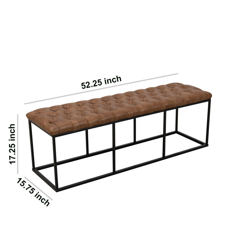 Leatherette Upholstered Bench with Button Tufted Cushioned Seat and Metal Base, Brown-Benzara