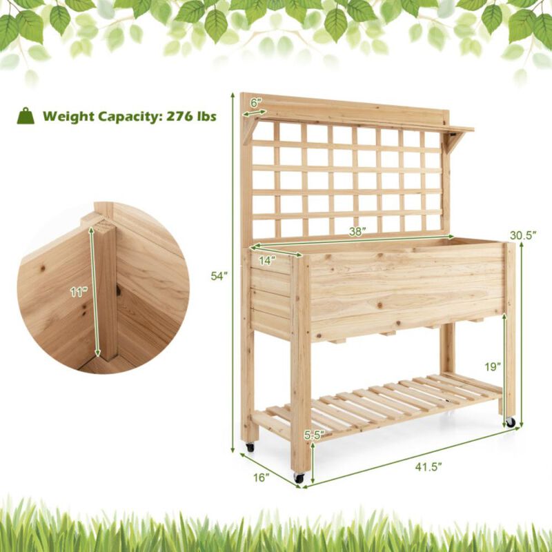 Hivvago Wooden Raised Garden Bed with Wheels Trellis and Storage Shelf