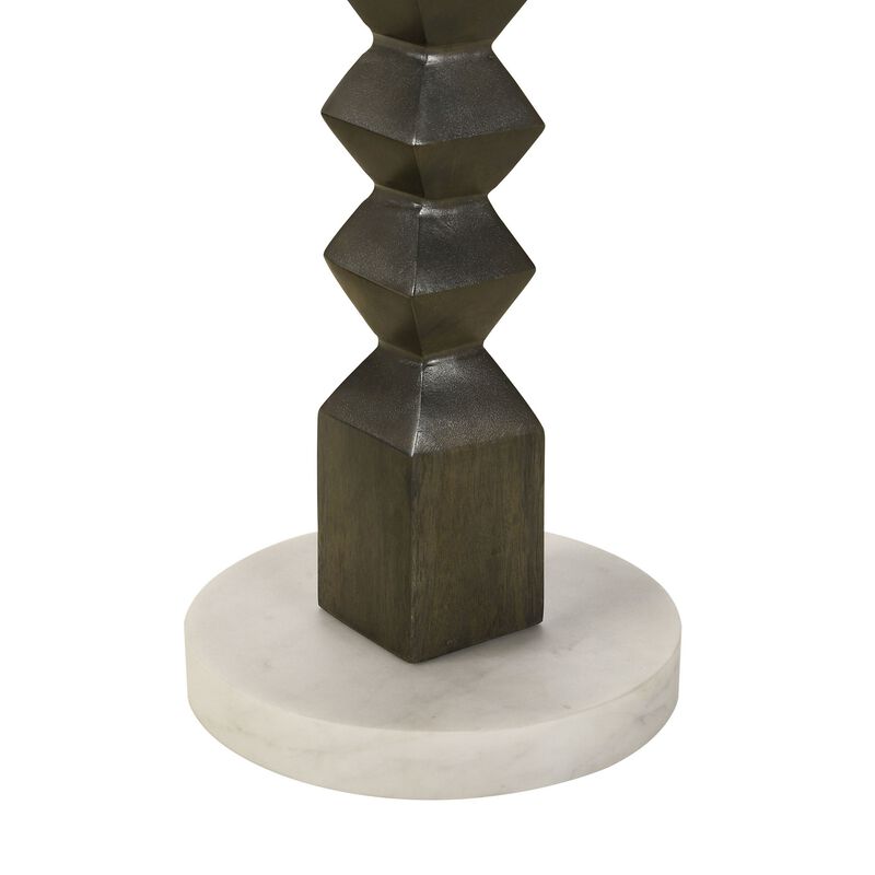 Drink Side Table, 11 Inch Round Marble, Spindle Pedestal Base, White, Gray - Benzara