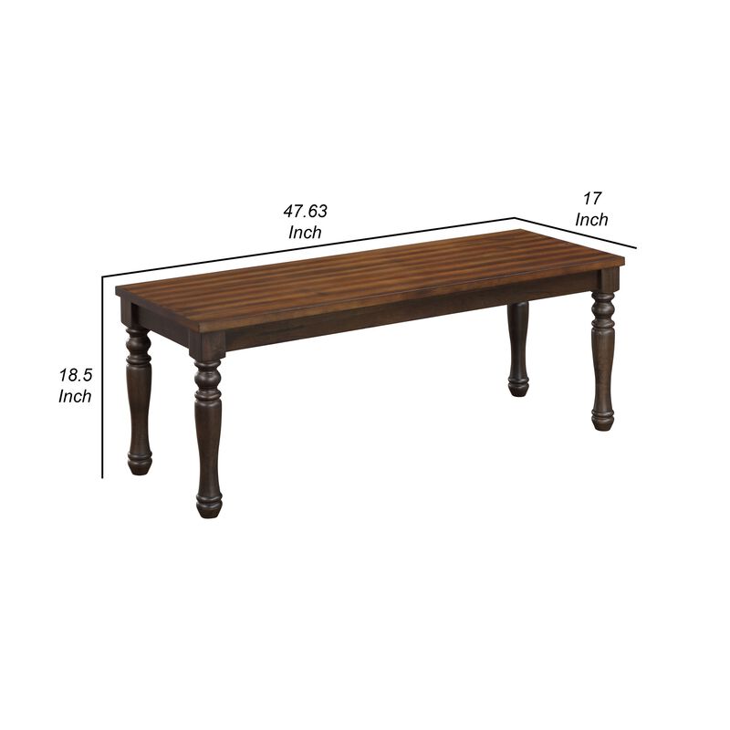 May 48 Inch Two Tone Dining Bench, Turned Legs, Rich Brown Wood Finish - Benzara