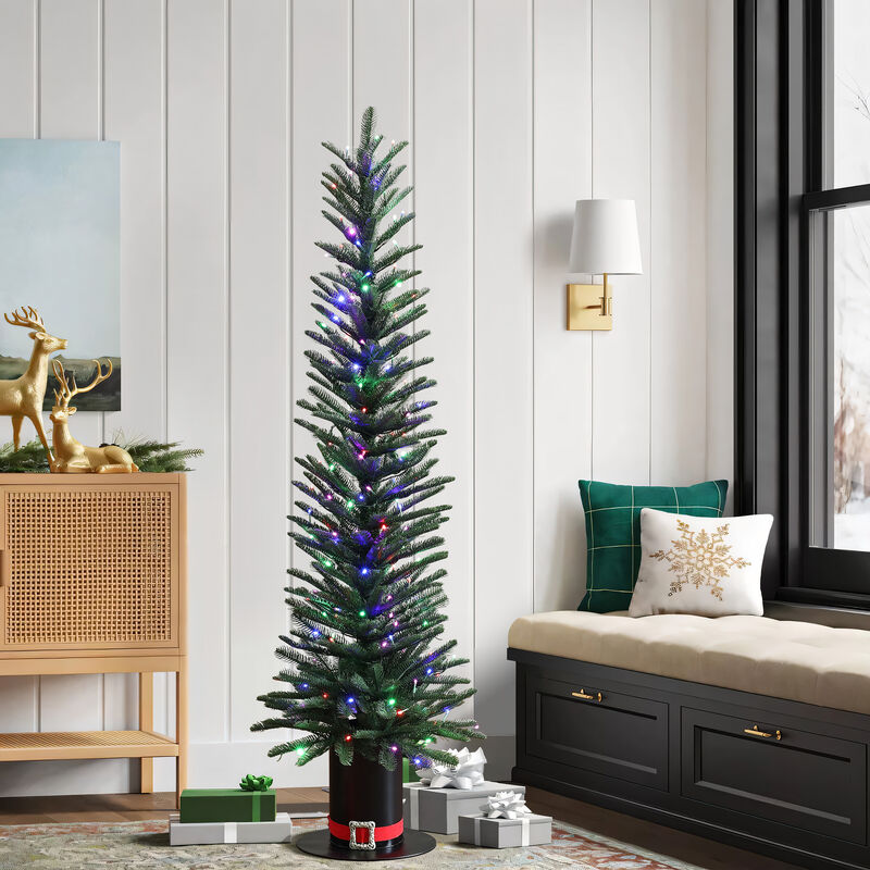 LuxenHome 5.5Ft Pre-Lit Green Artificial Tree with Tophat Pot