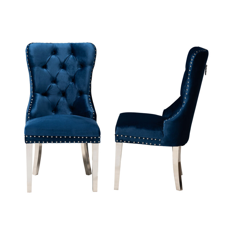 Baxton Studio Honora Navy Blue Velvet Fabric and Silver Metal 2-Piece Dining Chair Set