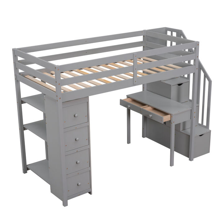 Twin Size Loft Bed With Storage Drawers, Desk And Stairs, Wooden Loft Bed With Shelves