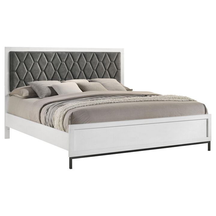 Noro King Size Bed, White Melamine, Hexagonal Tufted Upholstery - Benzara