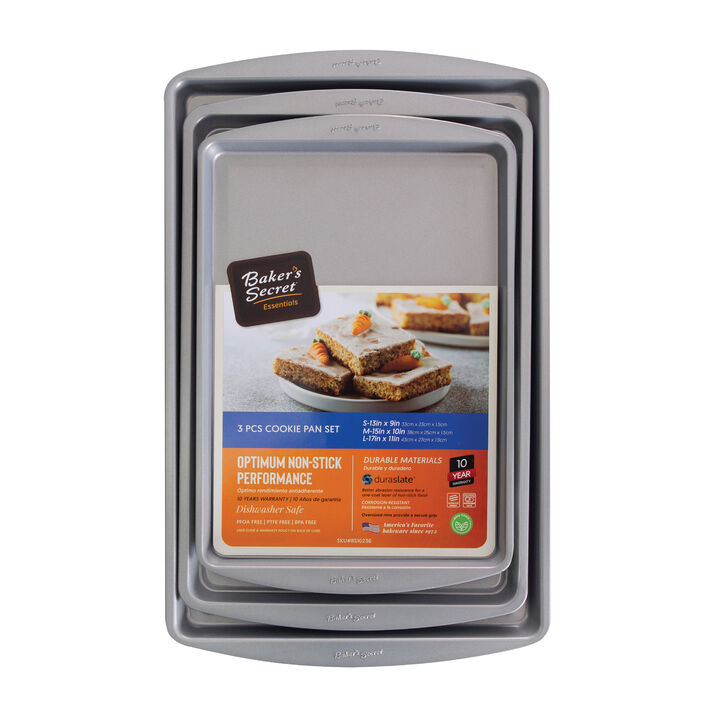 Baker's Secret Set of 3 Cookie Sheet 15"17"19" , Nonstick Coating, Carbon Steel Construction, Essentials Line , Dark Gray