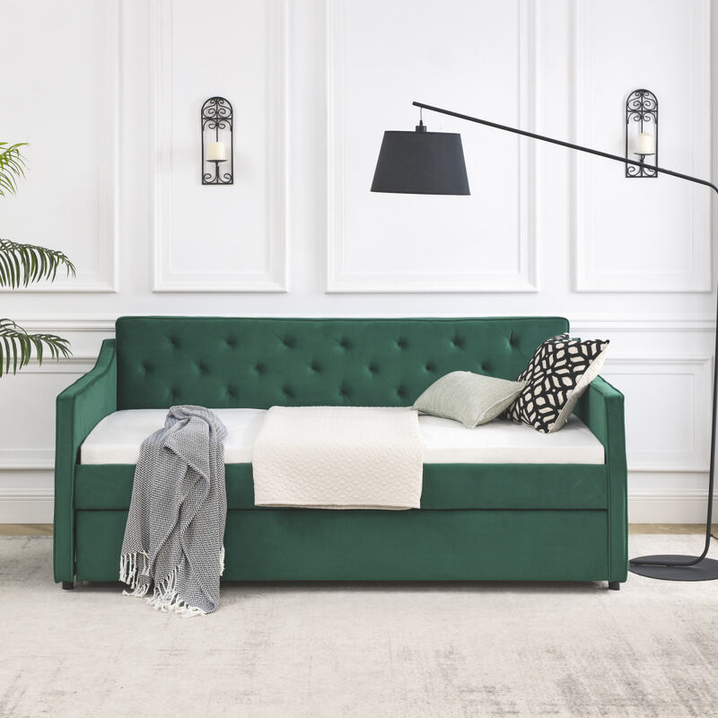 Tufted Twin Daybed with Trundle, Beige (80.5" x 44.5" x 33.5")