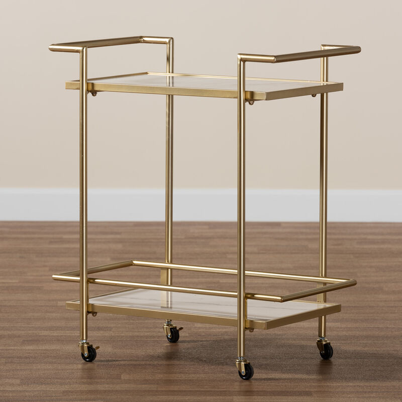 Baxton Studio Louise Contemporary Glam and Luxe Gold Metal and White Marble 2 Tier Wine Cart