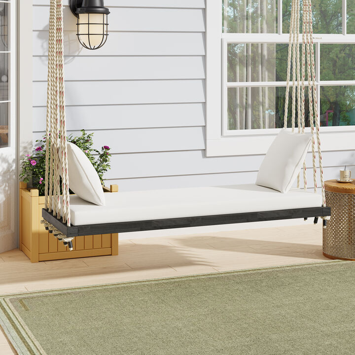 Merax  Patio Wooden Hanging Porch Swing Bench with Cushion