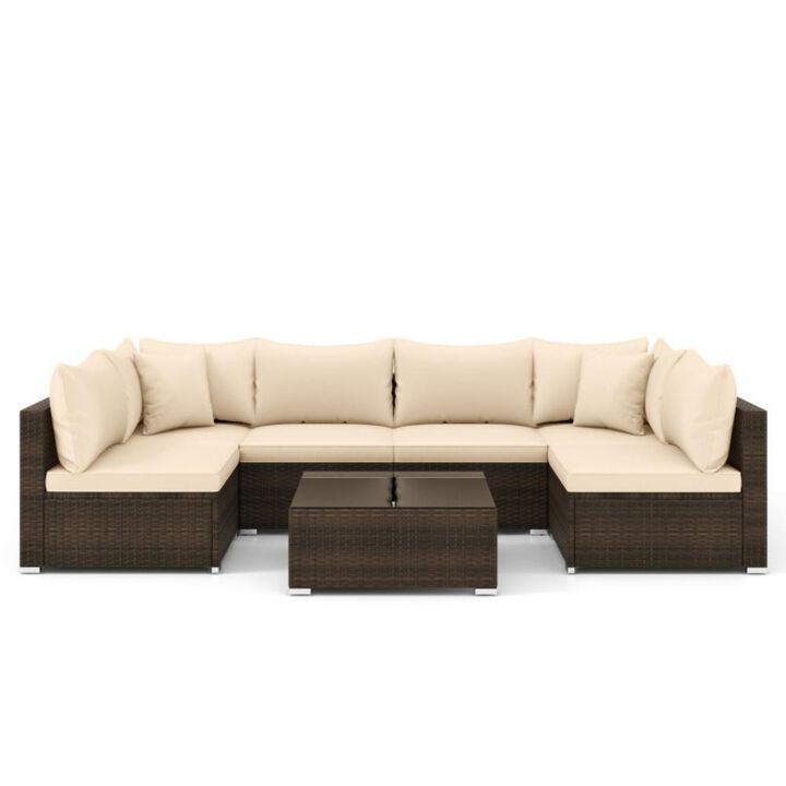 Hivvago 7 Pieces Patio Rattan Furniture Set with Sectional Sofa Cushions-Beige