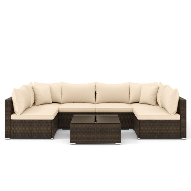 Hivvago 7 Pieces Patio Rattan Furniture Set with Sectional Sofa Cushions-Beige
