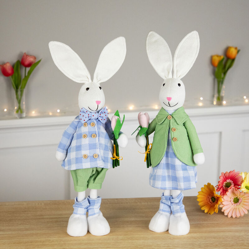 Bunny Couple in Matching Checkered Outfits Easter Figures - 18.75" - Set of 2