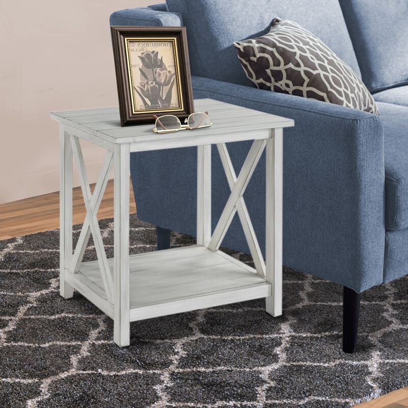 1 Open Shelf Wooden End Table with X Shaped Accents, White-Benzara