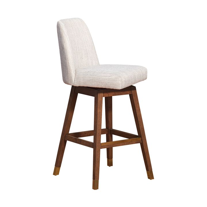 Lara 30 Inch Swivel Barstool Chair, Soft Beige Polyester, Brown Wood Legs-Benzara