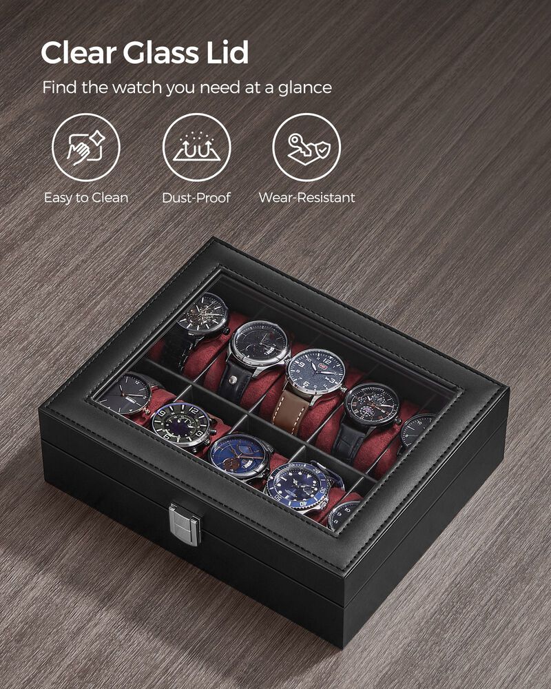 10-Slot Box with Glass Lid Jewelry Holder Case with Removable Pillow