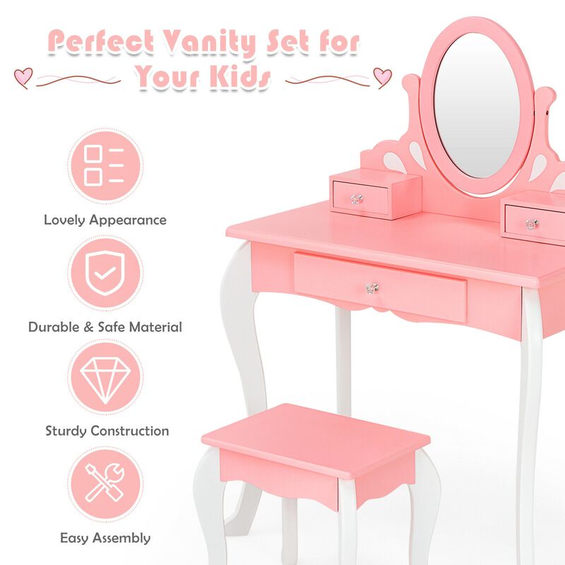 Kids Vanity Princess Makeup Dressing Table Stool Set with Mirror and Drawer