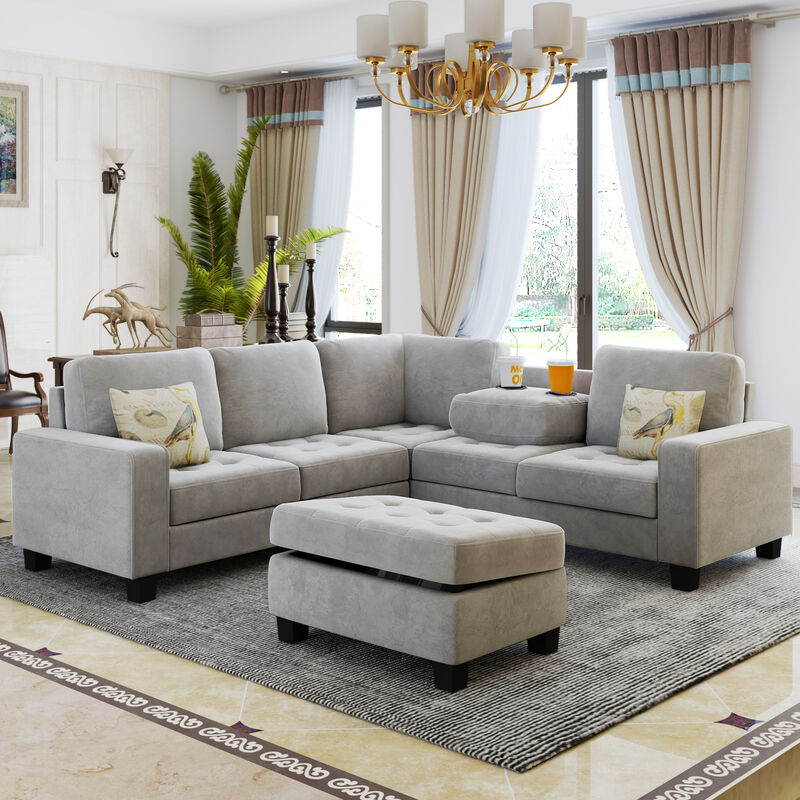 Sectional Corner Sofa L-shape Couch with Storage Ottoman & Cup Holders