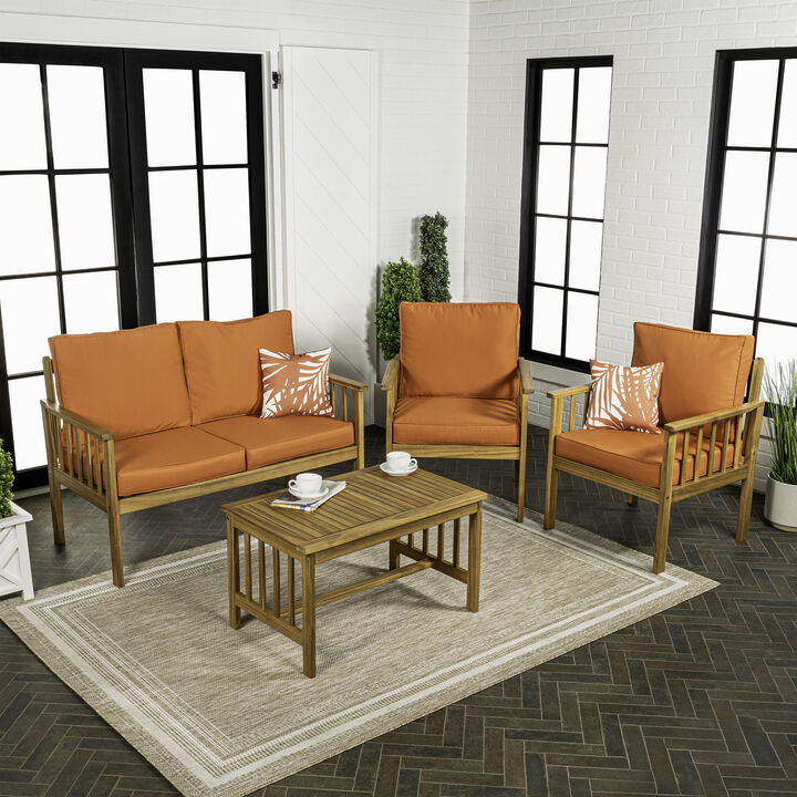 Everly 4-Piece Modern Cottage Acacia Wood Outdoor Patio Set with Cushions and Tropical Decorative Pillows
