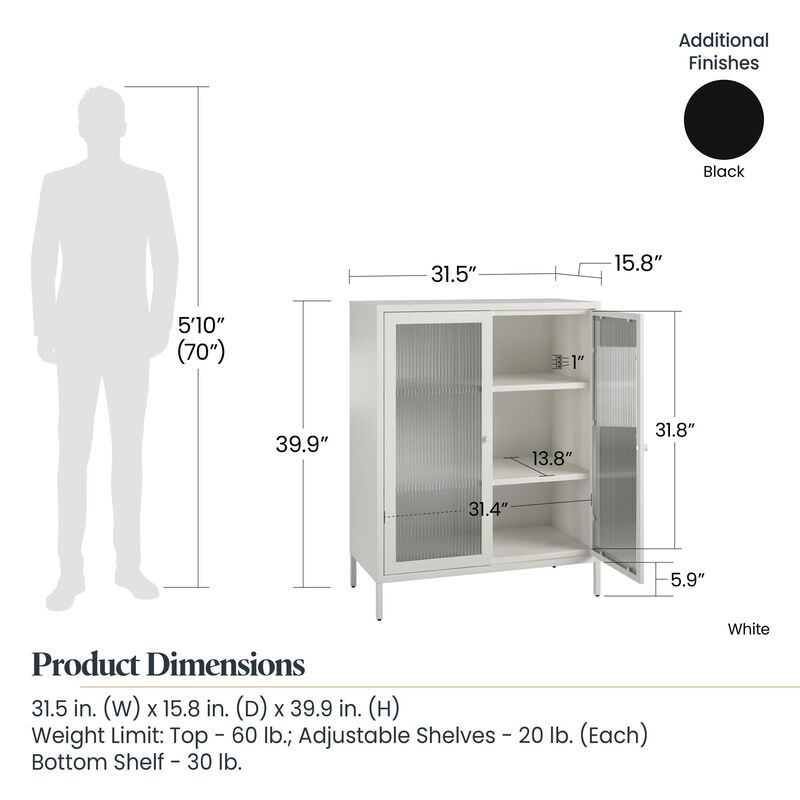 Shadwick 2 Door Storage Cabinet-Fluted Glass Metal Locker