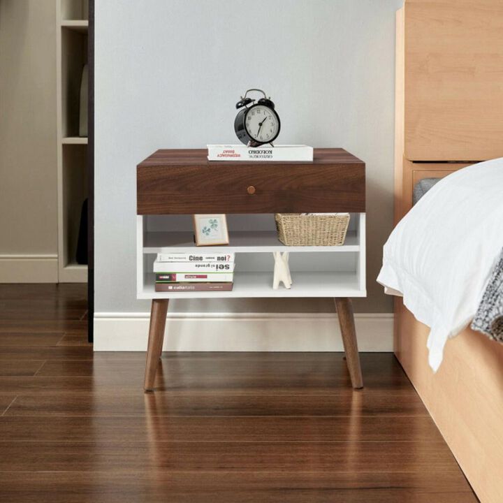 Hivvago Mid-Century Nightstand with Drawer and Rubber Wood Legs