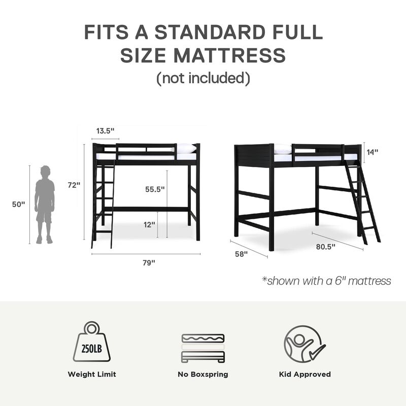 DHP Carlson Full Size Wooden Loft Bed with Ladder and Safety Railings