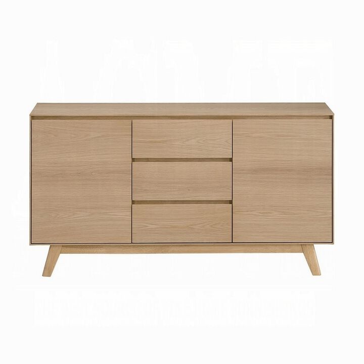 Semi Sideboard Buffet Console, 3 Drawers, 2 Cabinets, Oak Brown Wood - Benzara