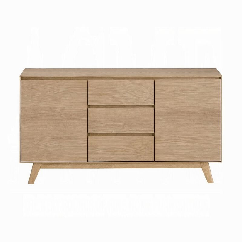 Semi Sideboard Buffet Console, 3 Drawers, 2 Cabinets, Oak Brown Wood - Benzara
