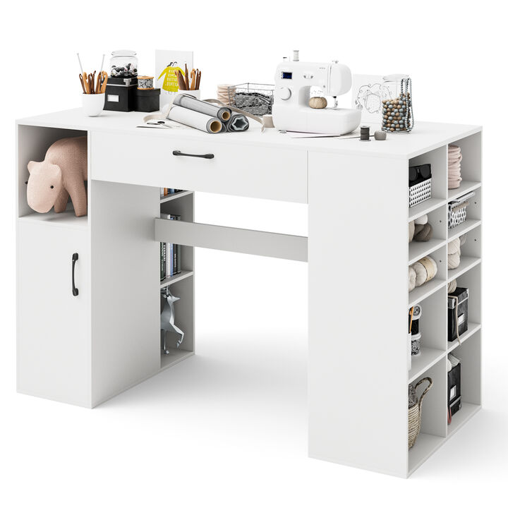 Counter Height Sewing Craft Table and Computer Desk with Adjustable Shelves and Drawer