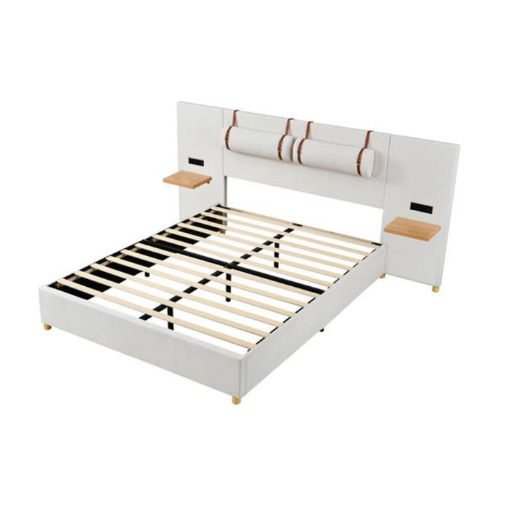 Upholstered Bed Frame with Dual USB Ports Outlets Storage Shelves and Pillows