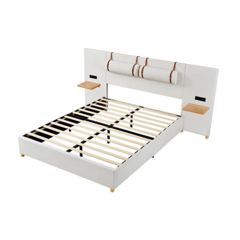 Upholstered Bed Frame with Dual USB Ports Outlets Storage Shelves and Pillows