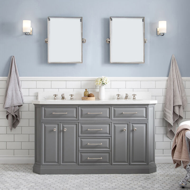 Palace 60 In. Double Sink Carrara Quartz Countertop Bath Vanity in Cashmere Grey with Polished Nickel (PVD) Hardware, Classic Faucets and Rectangular Pivot Mirrors