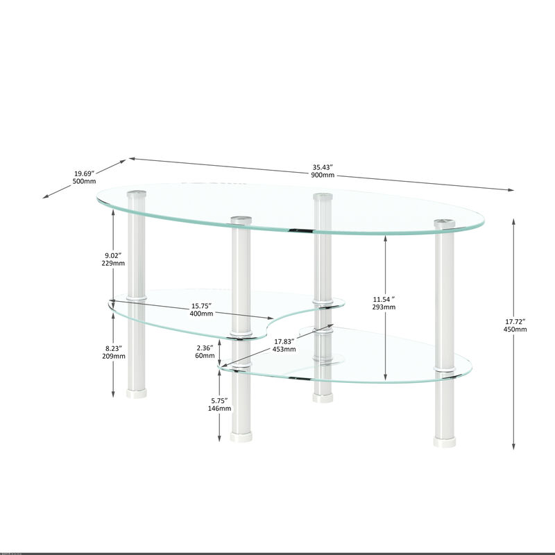 Transparent Oval Glass Coffee Table, Modern Table with Stainless Steel Leg