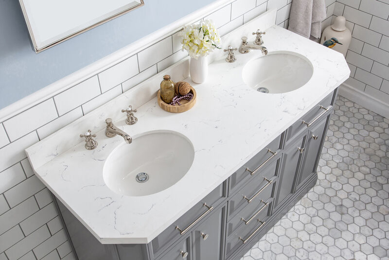Palace 60 In. Double Sink Carrara Quartz Countertop Bath Vanity in Cashmere Grey with Polished Nickel (PVD) Hardware, Classic Faucets and Rectangular Pivot Mirrors