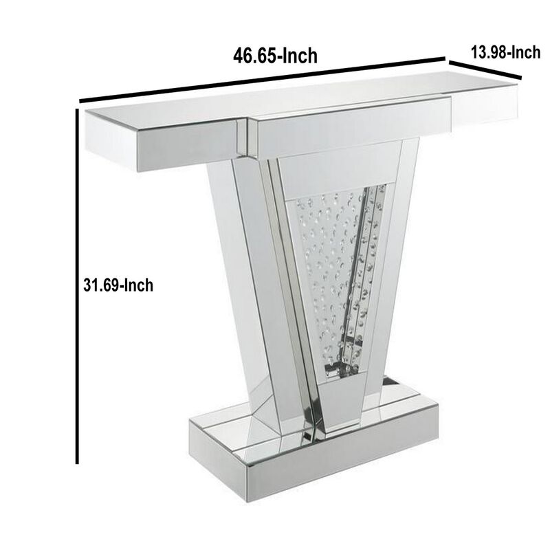 Wood and Mirror  Console Table with Faux Crystals Inlay, Clear-Benzara
