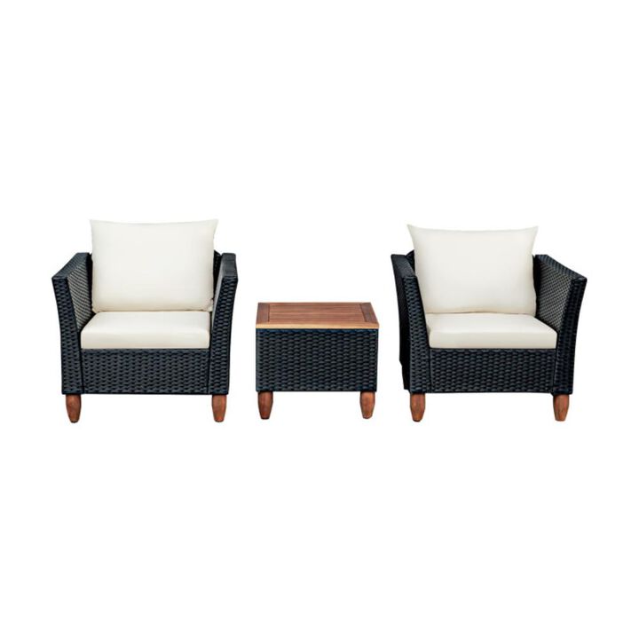Hivvago 3 Pieces Patio Wicker Furniture Set with Cushions and Acacia Wood Coffee Table Outdoor