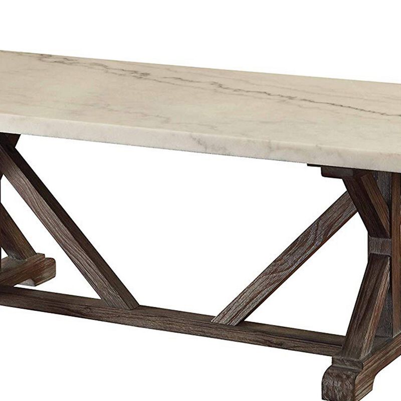 Marble Rectangle Shaped Coffee Table with Wooden Trestle Base, White and Espresso Brown-Benzara