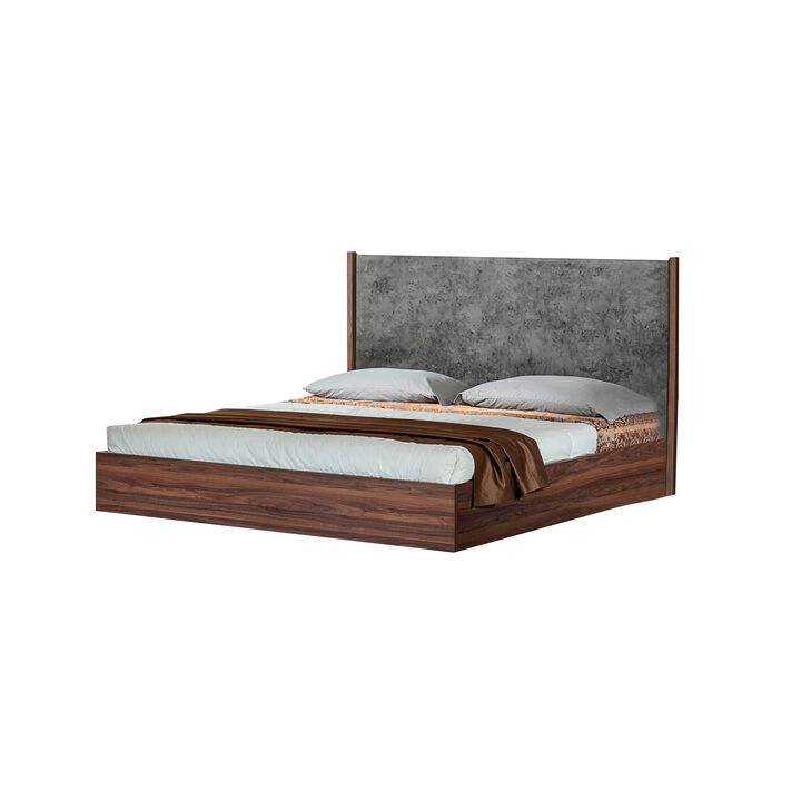 Xico King Size Platform Bed, Panel Design Headboard, Concrete Gray, Brown - Benzara