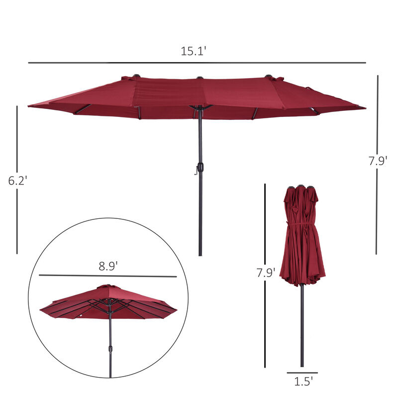15' Outdoor Double Sided Market Patio Umbrella  Steel Rectangular - Wine Red