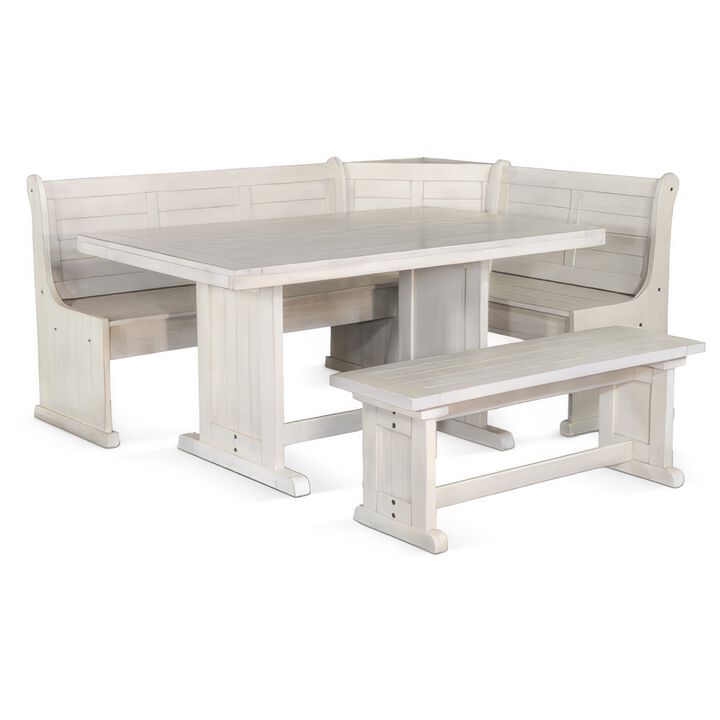 Sime 4pc Breakfast Nook Set, Dining Table and Corner Bench, White - Benzara