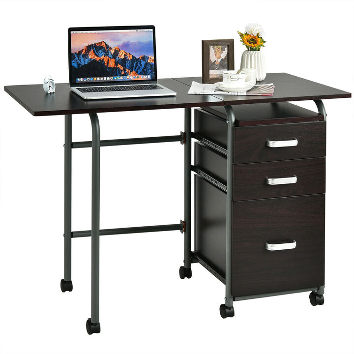 Costway Folding Computer Laptop Desk Wheeled Home Office Furniture w/3 Drawers Brown