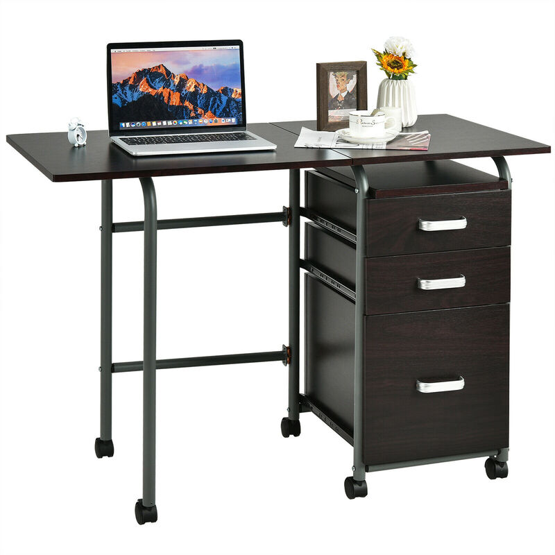 Costway Folding Computer Laptop Desk Wheeled Home Office Furniture w/3 Drawers Brown