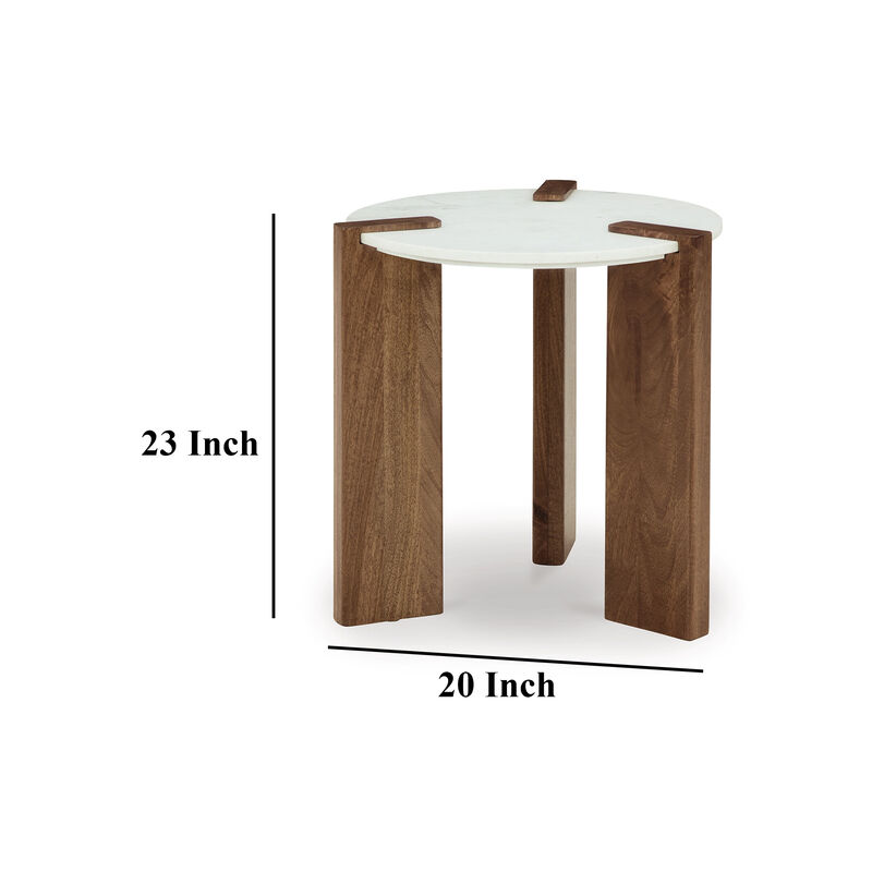 Wrenn Side End Table, Round White Marble Top, 20 Inch Brown Mango Wood - Benzara