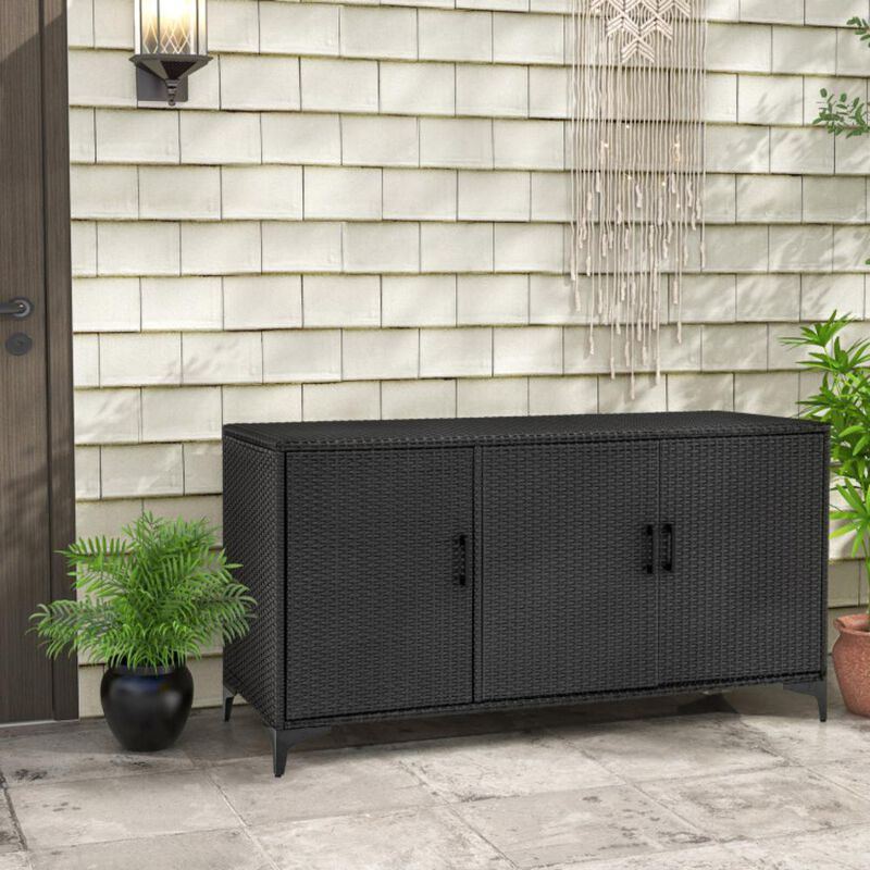 Hivvago 84 Gallon Patio Wicker Deck Box 3-Door PE Rattan Storage Container with Removable Shelves