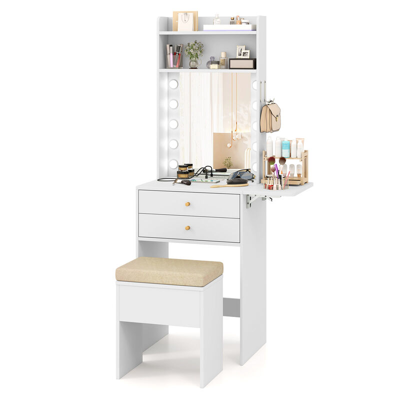 Compact Vanity Desk Set with 3-Color Lighted Mirror and Power Outlets