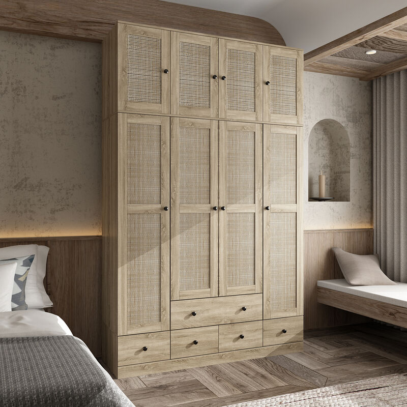 FUFU&GAGA Wood Grain Rattan Doors Design Armoires Wardrobe with 4-Drawers, 2-Hanging Rods  (59.1" W x 19" D x 94.5" H),Brown